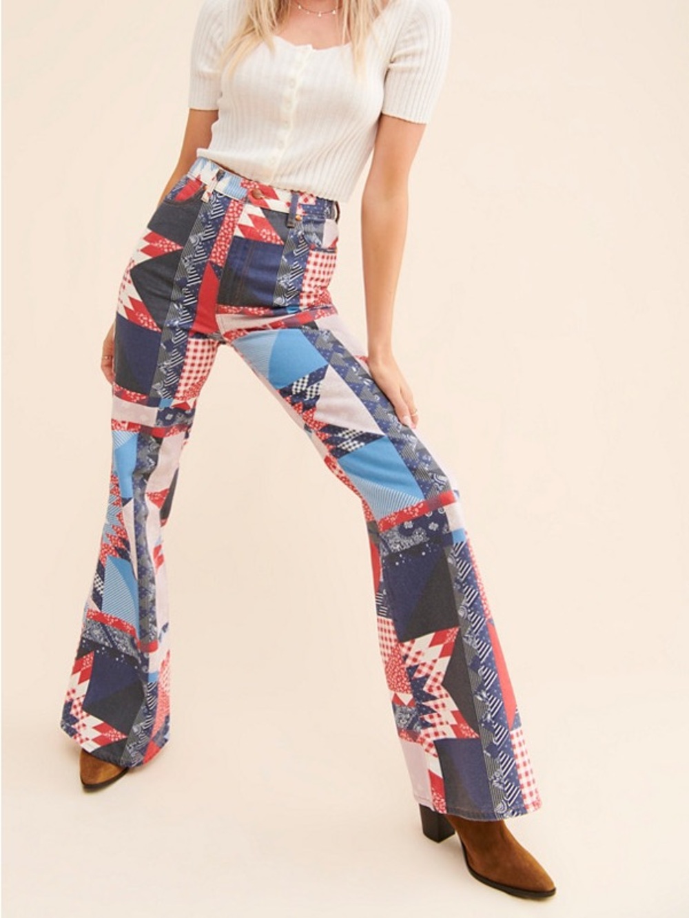 Wrangler x Free People Wanderer High Rise Flare Red Blue 622 Patchwork Jeans 25